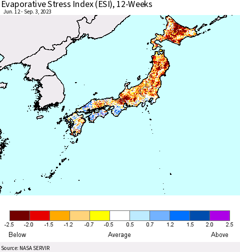 Japan Evaporative Stress Index (ESI), 12-Weeks Thematic Map For 8/28/2023 - 9/3/2023