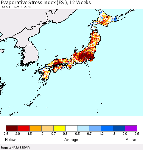 Japan Evaporative Stress Index (ESI), 12-Weeks Thematic Map For 11/27/2023 - 12/3/2023