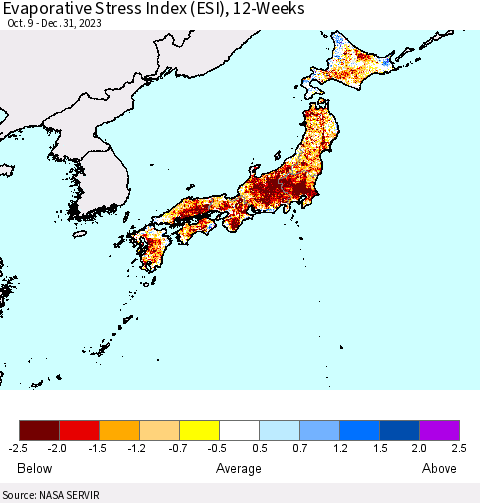 Japan Evaporative Stress Index (ESI), 12-Weeks Thematic Map For 12/25/2023 - 12/31/2023
