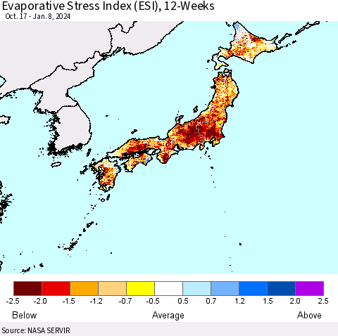 Japan Evaporative Stress Index (ESI), 12-Weeks Thematic Map For 1/8/2024 - 1/14/2024