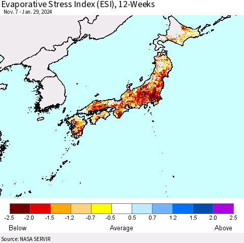 Japan Evaporative Stress Index (ESI), 12-Weeks Thematic Map For 1/29/2024 - 2/4/2024