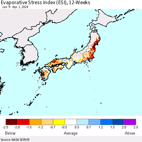 Japan Evaporative Stress Index (ESI), 12-Weeks Thematic Map For 4/1/2024 - 4/7/2024