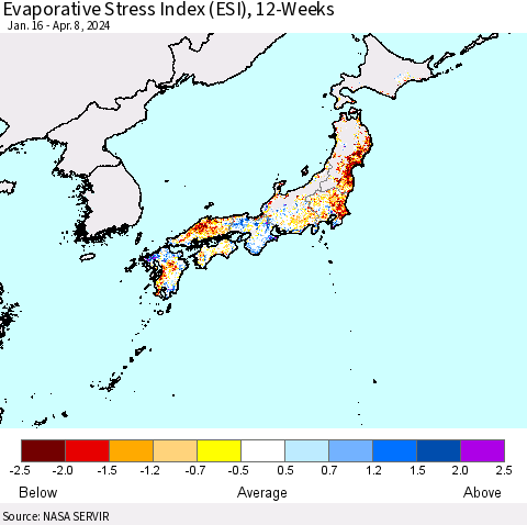 Japan Evaporative Stress Index (ESI), 12-Weeks Thematic Map For 4/8/2024 - 4/14/2024