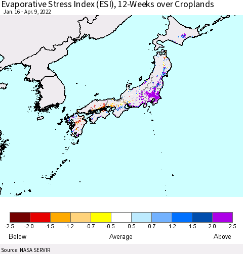 Japan Evaporative Stress Index (ESI), 12-Weeks over Croplands Thematic Map For 4/4/2022 - 4/10/2022