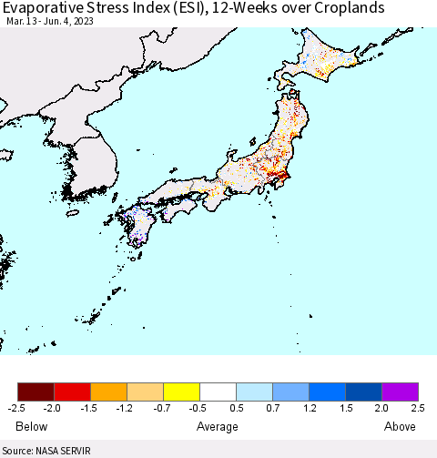 Japan Evaporative Stress Index (ESI), 12-Weeks over Croplands Thematic Map For 5/29/2023 - 6/4/2023