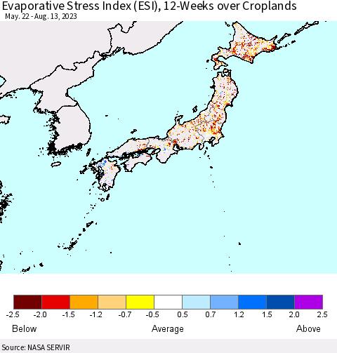 Japan Evaporative Stress Index (ESI), 12-Weeks over Croplands Thematic Map For 8/7/2023 - 8/13/2023
