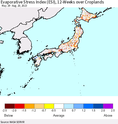 Japan Evaporative Stress Index (ESI), 12-Weeks over Croplands Thematic Map For 8/14/2023 - 8/20/2023