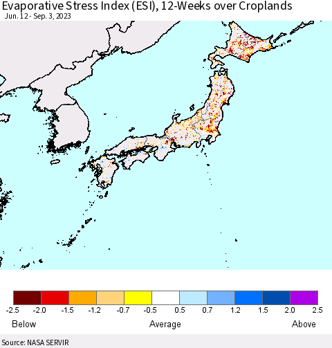 Japan Evaporative Stress Index (ESI), 12-Weeks over Croplands Thematic Map For 8/28/2023 - 9/3/2023