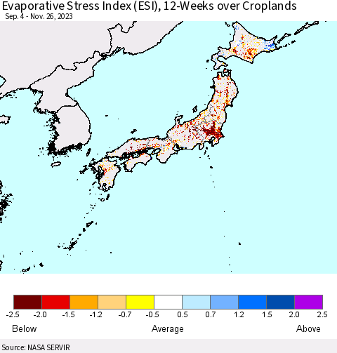 Japan Evaporative Stress Index (ESI), 12-Weeks over Croplands Thematic Map For 11/20/2023 - 11/26/2023