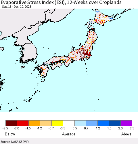 Japan Evaporative Stress Index (ESI), 12-Weeks over Croplands Thematic Map For 12/4/2023 - 12/10/2023