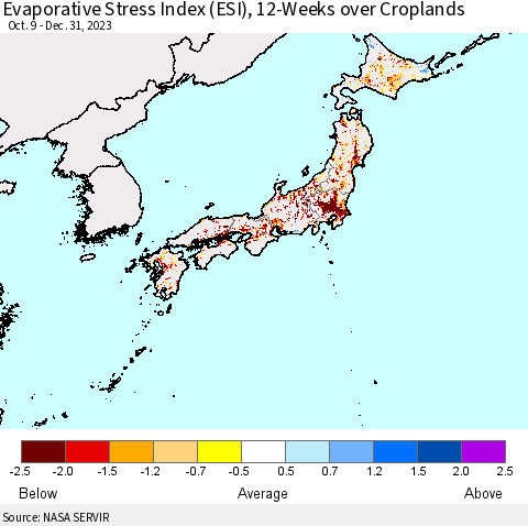 Japan Evaporative Stress Index (ESI), 12-Weeks over Croplands Thematic Map For 1/1/2024 - 1/7/2024