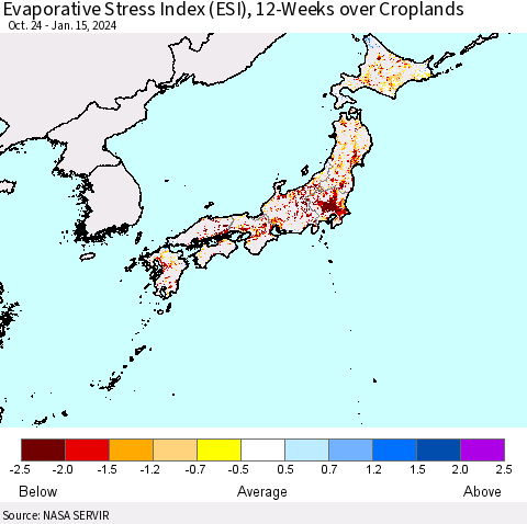 Japan Evaporative Stress Index (ESI), 12-Weeks over Croplands Thematic Map For 1/15/2024 - 1/21/2024