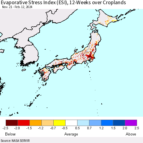 Japan Evaporative Stress Index (ESI), 12-Weeks over Croplands Thematic Map For 2/12/2024 - 2/18/2024