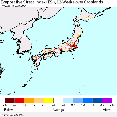 Japan Evaporative Stress Index (ESI), 12-Weeks over Croplands Thematic Map For 2/19/2024 - 2/25/2024