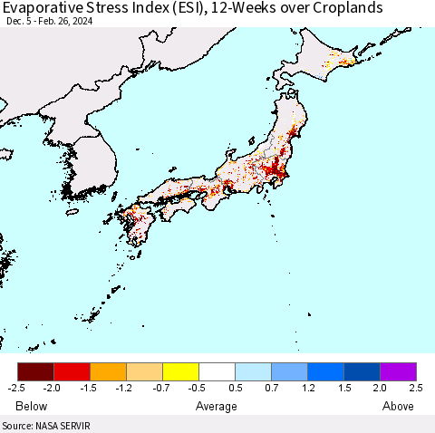 Japan Evaporative Stress Index (ESI), 12-Weeks over Croplands Thematic Map For 2/26/2024 - 3/3/2024