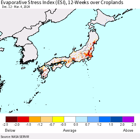 Japan Evaporative Stress Index (ESI), 12-Weeks over Croplands Thematic Map For 3/4/2024 - 3/10/2024
