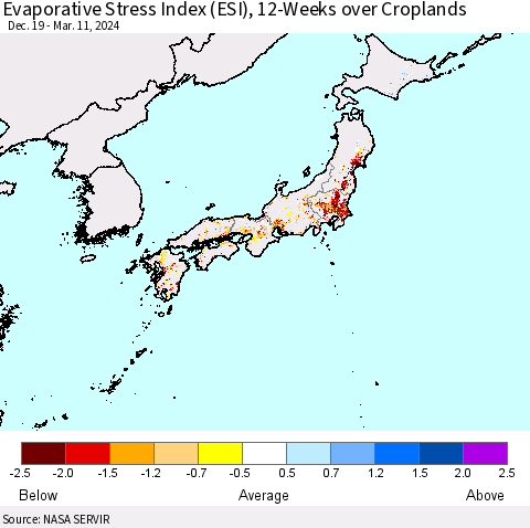 Japan Evaporative Stress Index (ESI), 12-Weeks over Croplands Thematic Map For 3/11/2024 - 3/17/2024