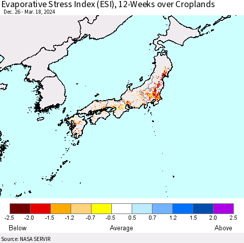 Japan Evaporative Stress Index (ESI), 12-Weeks over Croplands Thematic Map For 3/18/2024 - 3/24/2024