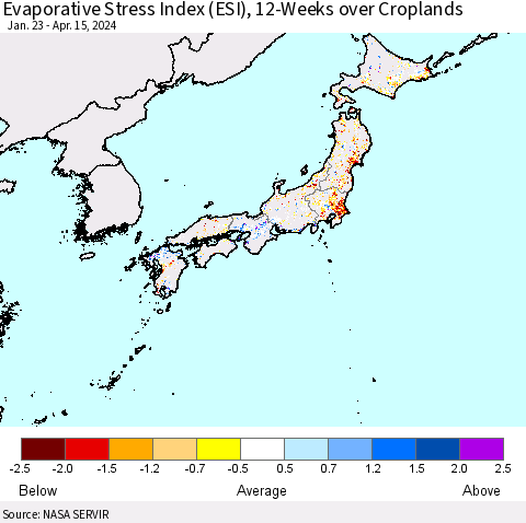 Japan Evaporative Stress Index (ESI), 12-Weeks over Croplands Thematic Map For 4/15/2024 - 4/21/2024