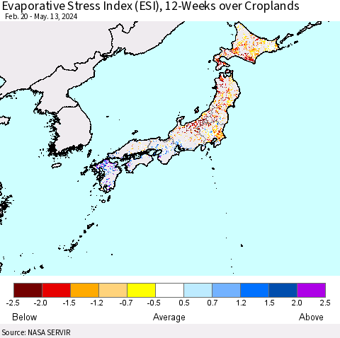 Japan Evaporative Stress Index (ESI), 12-Weeks over Croplands Thematic Map For 5/13/2024 - 5/19/2024