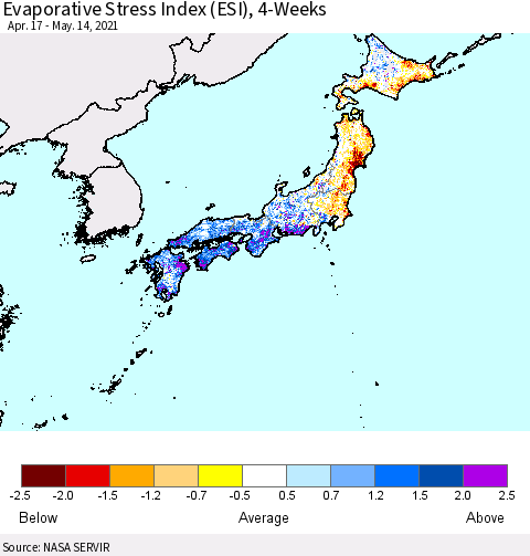 Japan Evaporative Stress Index (ESI), 4-Weeks Thematic Map For 5/10/2021 - 5/16/2021