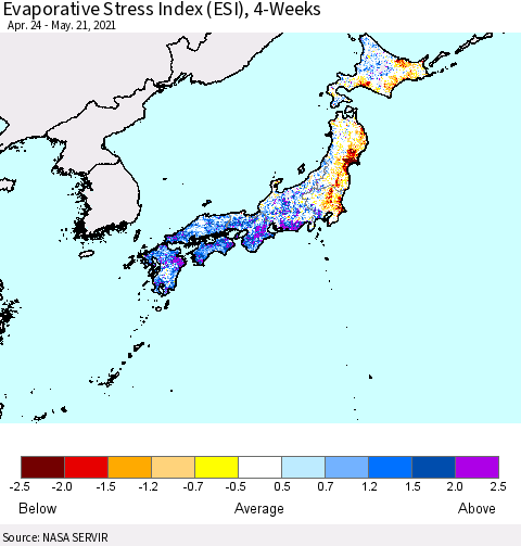 Japan Evaporative Stress Index (ESI), 4-Weeks Thematic Map For 5/17/2021 - 5/23/2021