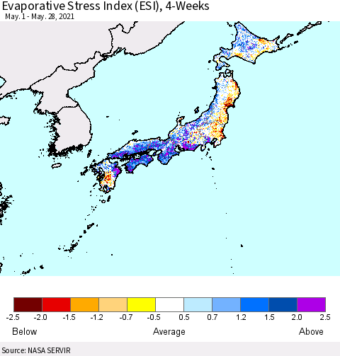 Japan Evaporative Stress Index (ESI), 4-Weeks Thematic Map For 5/24/2021 - 5/30/2021