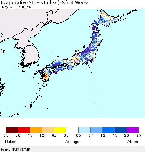 Japan Evaporative Stress Index (ESI), 4-Weeks Thematic Map For 6/14/2021 - 6/20/2021