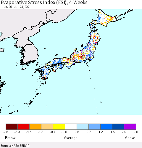 Japan Evaporative Stress Index (ESI), 4-Weeks Thematic Map For 7/19/2021 - 7/25/2021