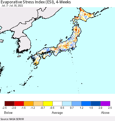 Japan Evaporative Stress Index (ESI), 4-Weeks Thematic Map For 7/26/2021 - 8/1/2021