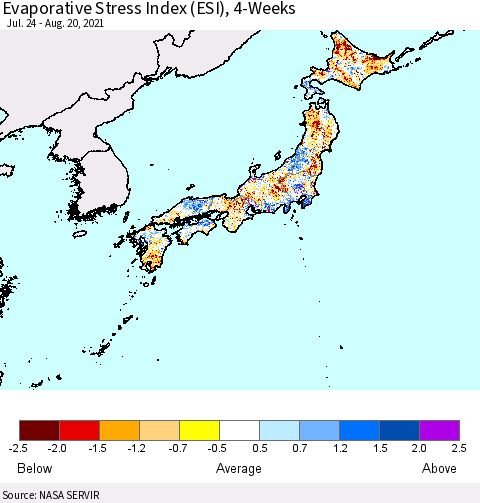 Japan Evaporative Stress Index (ESI), 4-Weeks Thematic Map For 8/16/2021 - 8/22/2021