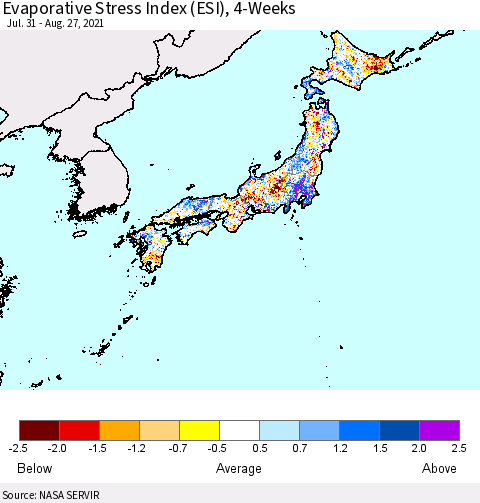 Japan Evaporative Stress Index (ESI), 4-Weeks Thematic Map For 8/23/2021 - 8/29/2021