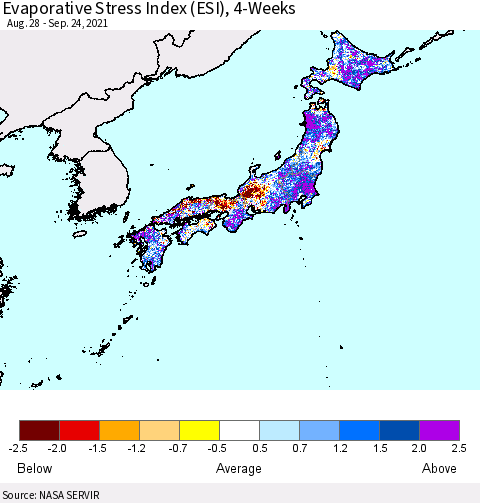 Japan Evaporative Stress Index (ESI), 4-Weeks Thematic Map For 9/20/2021 - 9/26/2021