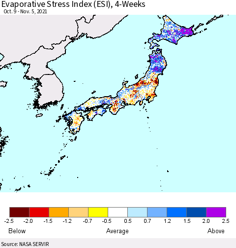 Japan Evaporative Stress Index (ESI), 4-Weeks Thematic Map For 11/1/2021 - 11/7/2021