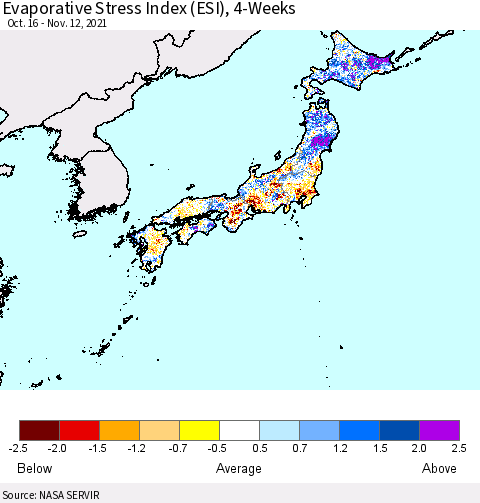 Japan Evaporative Stress Index (ESI), 4-Weeks Thematic Map For 11/8/2021 - 11/14/2021