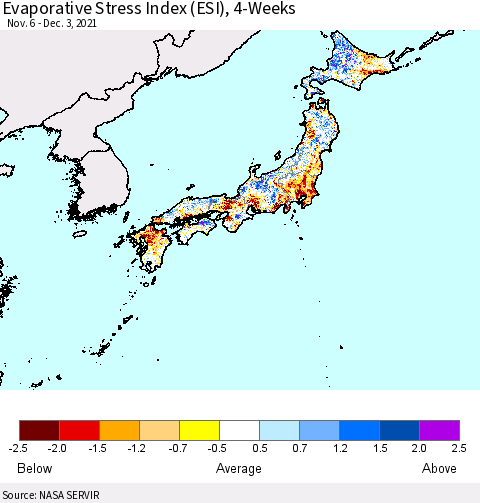 Japan Evaporative Stress Index (ESI), 4-Weeks Thematic Map For 11/29/2021 - 12/5/2021