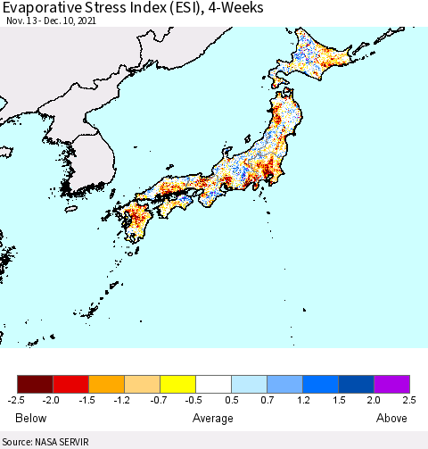 Japan Evaporative Stress Index (ESI), 4-Weeks Thematic Map For 12/6/2021 - 12/12/2021