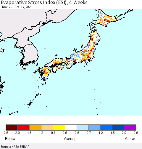 Japan Evaporative Stress Index (ESI), 4-Weeks Thematic Map For 12/13/2021 - 12/19/2021