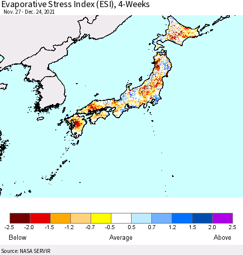 Japan Evaporative Stress Index (ESI), 4-Weeks Thematic Map For 12/20/2021 - 12/26/2021