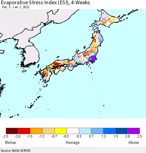 Japan Evaporative Stress Index (ESI), 4-Weeks Thematic Map For 12/27/2021 - 1/2/2022