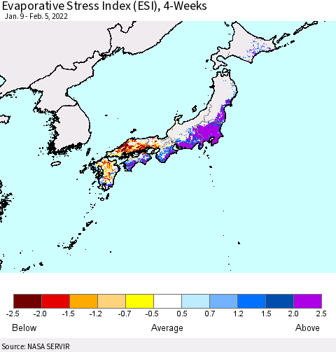 Japan Evaporative Stress Index (ESI), 4-Weeks Thematic Map For 1/31/2022 - 2/6/2022
