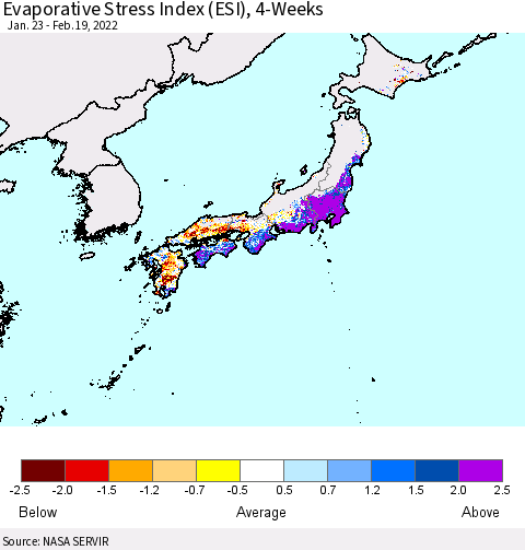 Japan Evaporative Stress Index (ESI), 4-Weeks Thematic Map For 2/14/2022 - 2/20/2022