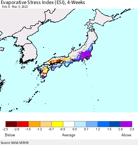 Japan Evaporative Stress Index (ESI), 4-Weeks Thematic Map For 2/28/2022 - 3/6/2022