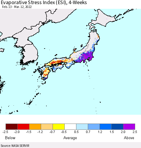 Japan Evaporative Stress Index (ESI), 4-Weeks Thematic Map For 3/7/2022 - 3/13/2022