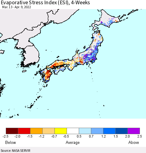 Japan Evaporative Stress Index (ESI), 4-Weeks Thematic Map For 4/4/2022 - 4/10/2022