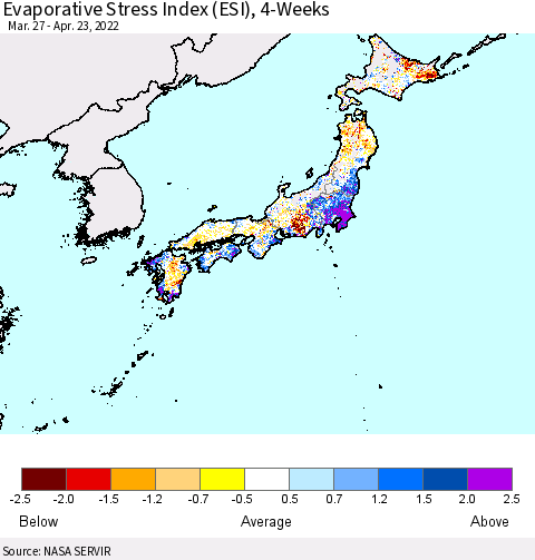 Japan Evaporative Stress Index (ESI), 4-Weeks Thematic Map For 4/18/2022 - 4/24/2022