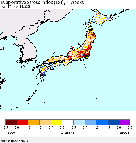 Japan Evaporative Stress Index (ESI), 4-Weeks Thematic Map For 5/8/2023 - 5/14/2023