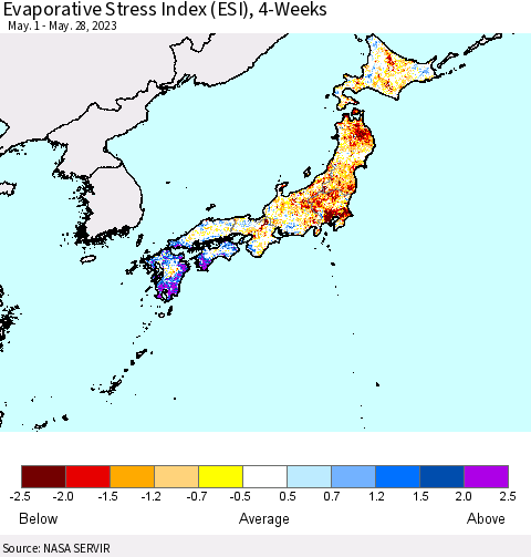 Japan Evaporative Stress Index (ESI), 4-Weeks Thematic Map For 5/22/2023 - 5/28/2023