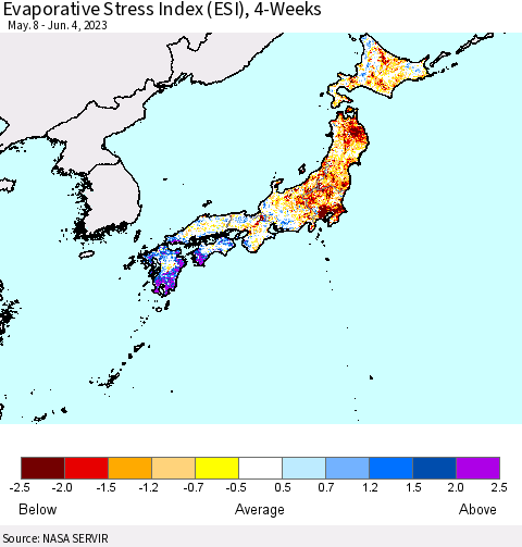 Japan Evaporative Stress Index (ESI), 4-Weeks Thematic Map For 5/29/2023 - 6/4/2023