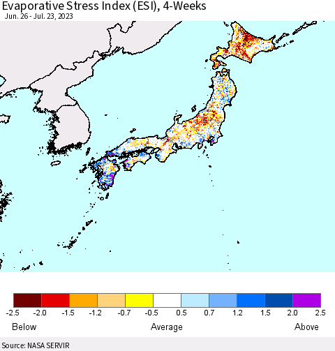 Japan Evaporative Stress Index (ESI), 4-Weeks Thematic Map For 7/17/2023 - 7/23/2023